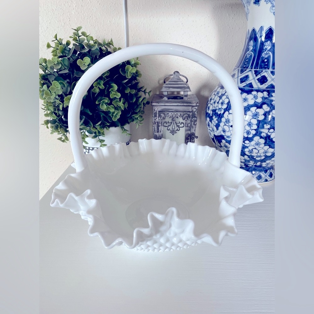 Vintage Fenton Ruffled Hobnail Milk Glass Handled Basket Fruit Bowl 11 3/4"x10"